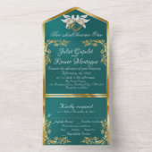 ティール(緑がかった色)、金ゴールド葉、鳩とハート オールインワン招待状 (内側)