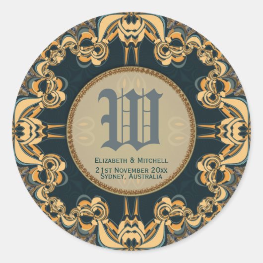 ティール(緑がかった色)金ゴールド装飾レースモノグラムキープサケメラミー ラウンドシール (正面)
