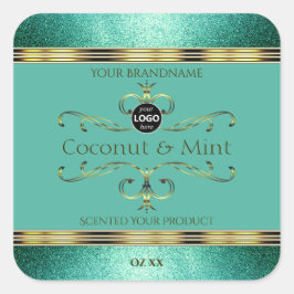 ティール(緑がかった色)金ゴールド製品ラベルの縁どグリッター(ロゴ付き) スクエアシール