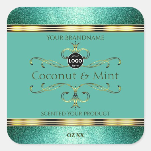 ティール（緑がかった色）金ゴールド製品ラベルの縁どグリッター（ロゴ付き） スクエアシール (正面)