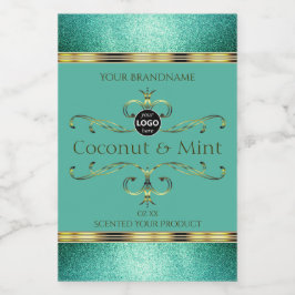 ティール(緑がかった色)金ゴールド製品ラベルの縁どグリッター(ロゴ付き) フードラベル