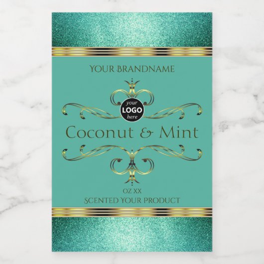 ティール（緑がかった色）金ゴールド製品ラベルの縁どグリッター（ロゴ付き） フードラベル (シングルラベル)