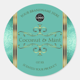 ティール(緑がかった色)金ゴールド製品ラベルの縁どグリッター(ロゴ付き) ラウンドシール