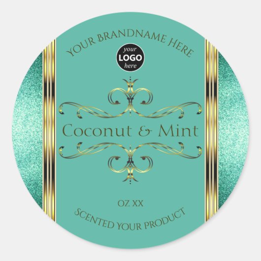 ティール（緑がかった色）金ゴールド製品ラベルの縁どグリッター（ロゴ付き） ラウンドシール (正面)