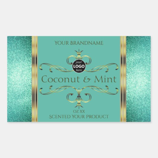 ティール(緑がかった色)金ゴールド製品ラベルの縁どグリッター(ロゴ付き) 長方形シール (正面)