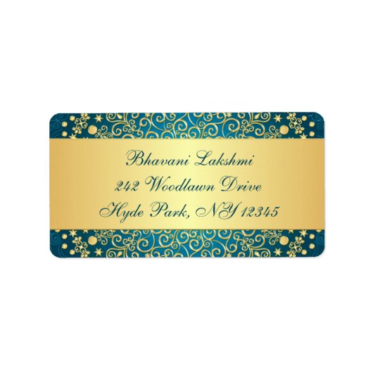 ティール(緑がかった色)、金ゴールド複雑な巻物差出人住所ラベル ラベル (正面)