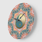 ティール(緑がかった色)金ゴールド陰陽風水ファイア ラージ壁時計 (傾斜)