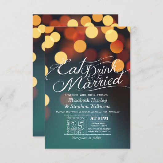 ティール(緑がかった色)金ゴールド食べ《写真》ぼけ味Bes結婚した 結婚の 招待状 (正面/裏面)