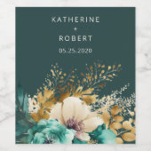 ティール（緑がかった色）金ゴールド高級フローラ結婚ズワインラベルセット ワインラベル (シングルラベル)