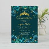 ティール（緑がかった色）金ゴールド魅惑フローラ蝶キンセアニェラ 箔招待状 (立ち正面)