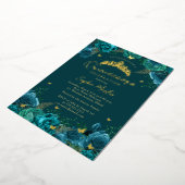 ティール（緑がかった色）金ゴールド魅惑フローラ蝶キンセアニェラ 箔招待状 (回転した状態)