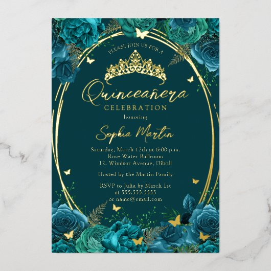 ティール（緑がかった色）金ゴールド魅惑フローラ蝶キンセアニェラ 箔招待状 (正面)