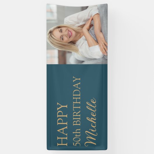 ティール(緑がかった色)金ゴールド50th誕生日任意の年齢名の写真 横断幕 (縦)