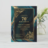 ティール（緑がかった色）金ゴールド70th誕生日パーティー 招待状 (スタンド正面)