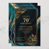 ティール（緑がかった色）金ゴールド70th誕生日パーティー 招待状 (正面/裏面)