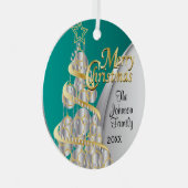 ティール(緑がかった色)、金ゴールド、シルバークリスマス |写真 メタルオーナメント (正面右)