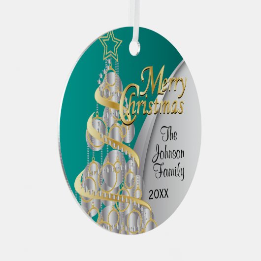 ティール(緑がかった色)、金ゴールド、シルバークリスマス |写真 メタルオーナメント (正面右)