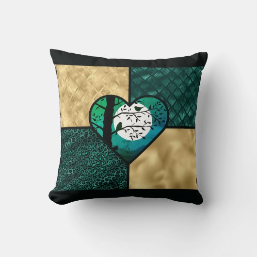 ティール（緑がかった色）、金ゴールド、ブラックムーンライトバード クッション (正面)