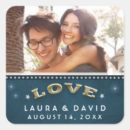 ティール（緑がかった色）金ゴールド&ホワイトスターズ愛の写真結婚の スクエアシール