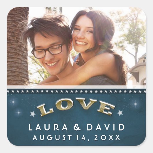 ティール（緑がかった色）金ゴールド&ホワイトスターズ愛の写真結婚の スクエアシール (正面)