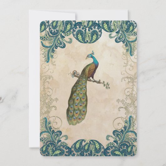 ティール(緑がかった色)金ゴールド&ライムピーコック結婚式招待状 招待状 (裏面)