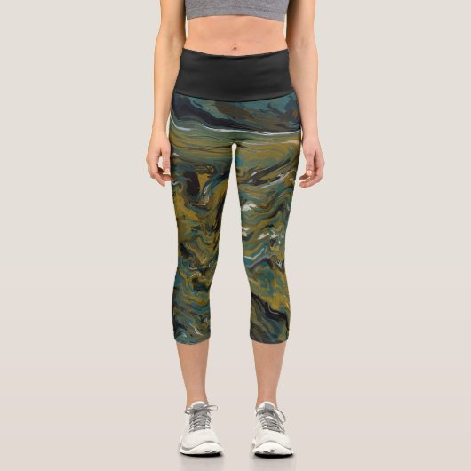 ティール（緑がかった色）、金ゴールド、白および黒の油レギンス カプリレギンス (正面)