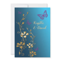 ティール（緑がかった色）、金ゴールド、紫の花と蝶招待状