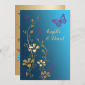 ティール（緑がかった色）、金ゴールド、紫の花と蝶招待状 招待状 (正面/裏面)