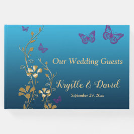 ティール（緑がかった色）、金ゴールド、紫フローラ、蝶のゲストブック ゲストブック