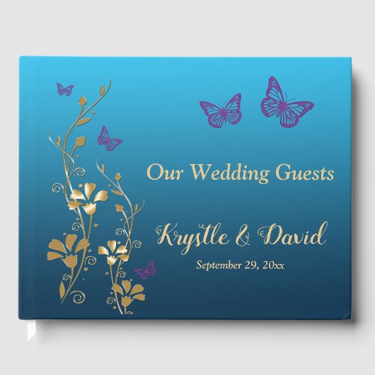 ティール（緑がかった色）、金ゴールド、紫フローラ、蝶のゲストブック ゲストブック (正面)