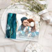 ティール(緑がかった色)金ゴールドAgate写真Save the Date ポストカード