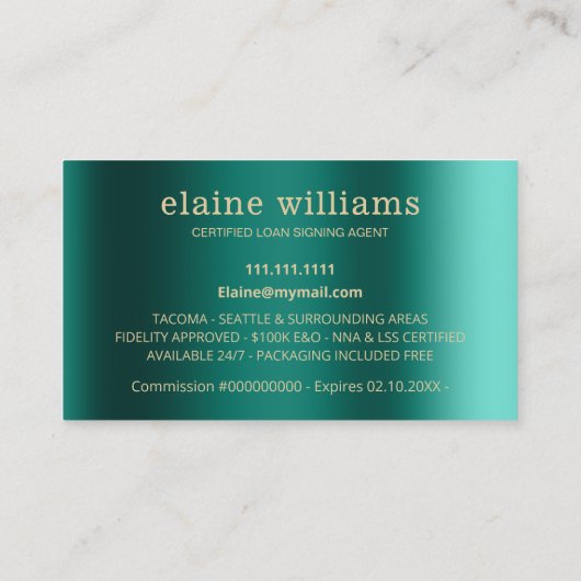 ティール（緑がかった色）金ゴールドGLAM公証人ローン署名業者 名刺 (裏面)