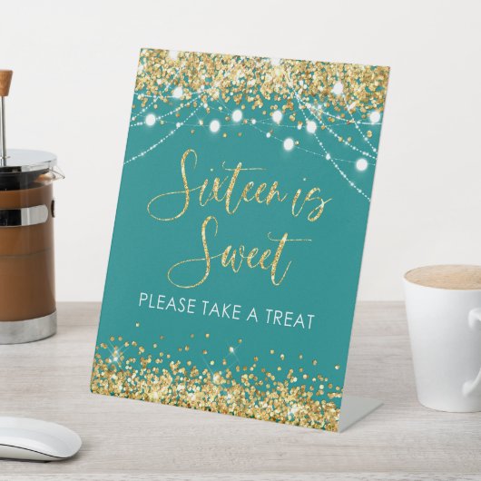 ティール(緑がかった色)金ゴールドSweet sixteenパーティーの好意のサインデコール 台座サイン (インサイチュ)