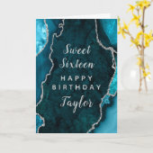 ティール（緑がかった色）銀アゲート酸Sweet sixteenハッピーバースデー カード (黄色い花)