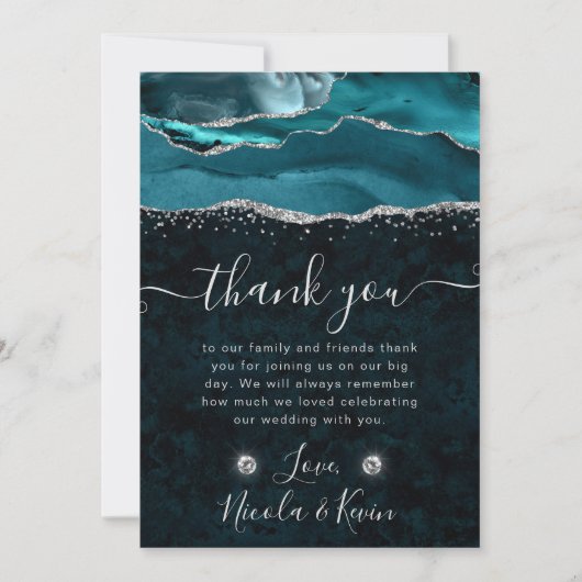 ティール（緑がかった色）銀グリッターアガテ結婚ス サンキューカード (正面)