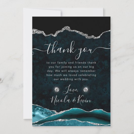 ティール（緑がかった色）銀グリッターアガテ結婚ス サンキューカード (正面)