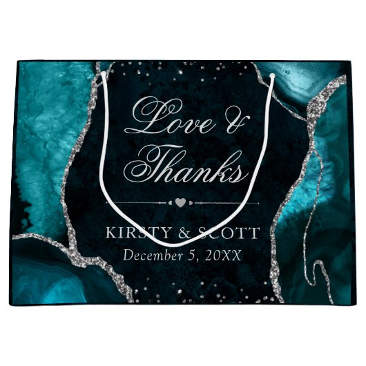 ティール（緑がかった色）銀グリッターアガテ結婚ス ラージペーパーバッグ (正面)