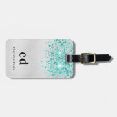 ティール(緑がかった色)銀グリッターシーグリーンモノグラム名 ラゲッジタグ (正面横)