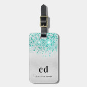ティール(緑がかった色)銀グリッターシーグリーンモノグラム名 ラゲッジタグ (正面縦)