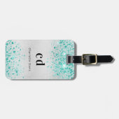 ティール(緑がかった色)銀グリッターシーグリーンモノグラム名 ラゲッジタグ (正面横)