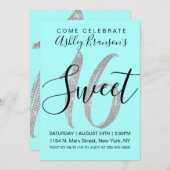 ティール(緑がかった色)銀シーエレガントクイングリッタースイート16 招待状 (正面/裏面)