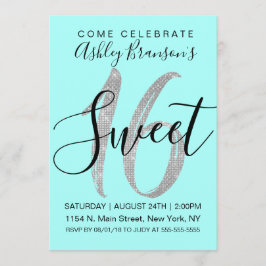 ティール(緑がかった色)銀シーエレガントクイングリッタースイート16 招待状