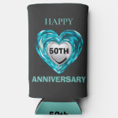 ティール(緑がかった色)銀ハート50結婚周年 スリム缶クーラー (正面)