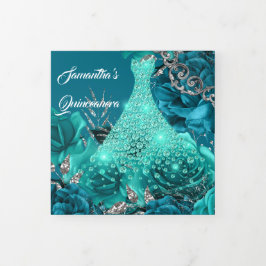 ティール(緑がかった色)銀バラ女性写真フローラ誕生日 三つ折り招待状