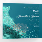 ティール（緑がかった色）銀バラ女性写真フローラ誕生日 三つ折り招待状 (内部最初)
