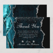 ティール（緑がかった色）銀フェイクグリッターアゲ結婚ート サンキューカード (正面/裏面)