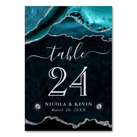 ティール（緑がかった色）銀フェイクグリッターアゲ結婚ート テーブルナンバー (正面)
