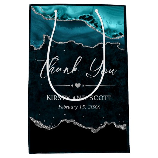 ティール（緑がかった色）銀フェイクグリッターアゲ結婚ート ミディアムペーパーバッグ (正面)