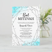 ティール(緑がかった色)銀フェイクグリッター幾何バルミツワー 招待状 (スタンド正面)