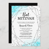 ティール(緑がかった色)銀フェイクグリッター幾何バルミツワー 招待状 (正面/裏面)